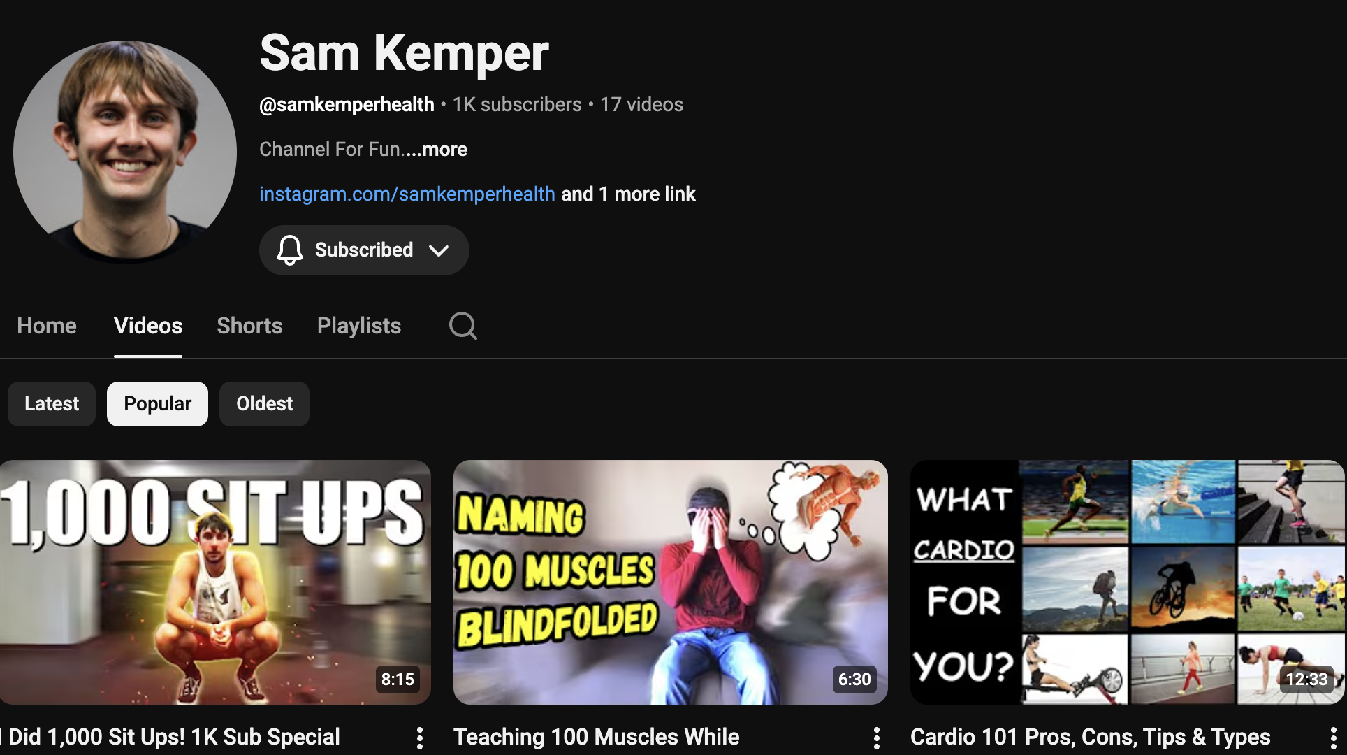YouTube before: Sam Kemper channel 1K subscribers, 17 videos