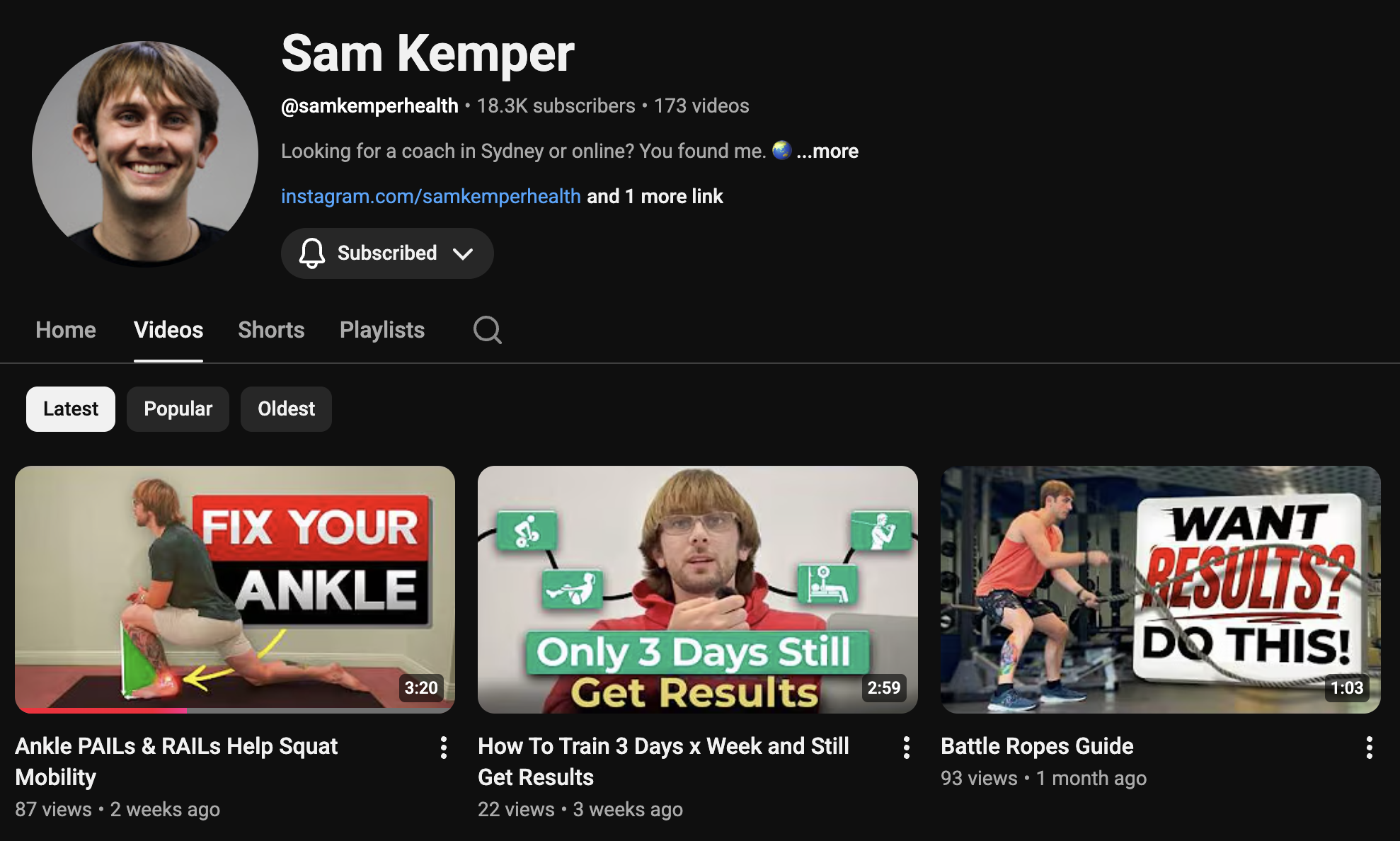 YouTube after: Sam Kemper channel 18.3K subscribers, 173 videos